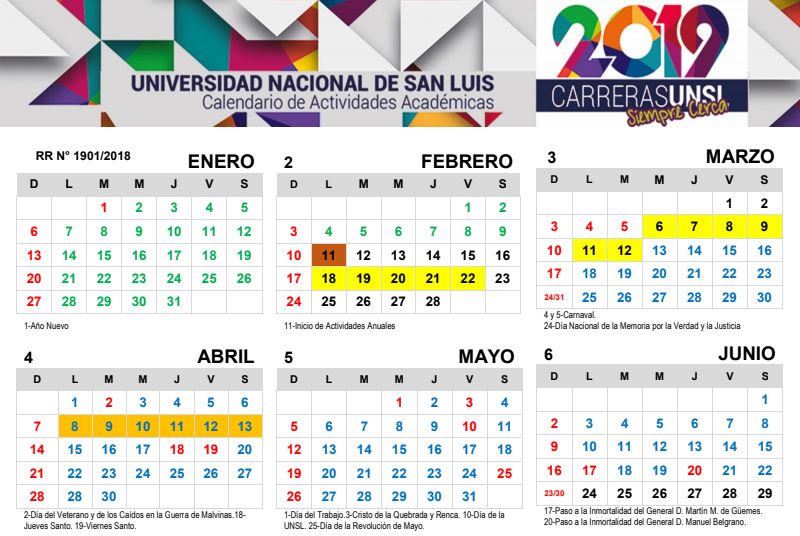 La UNSL publicÃ³ su Calendario AcadÃ©mico 2019